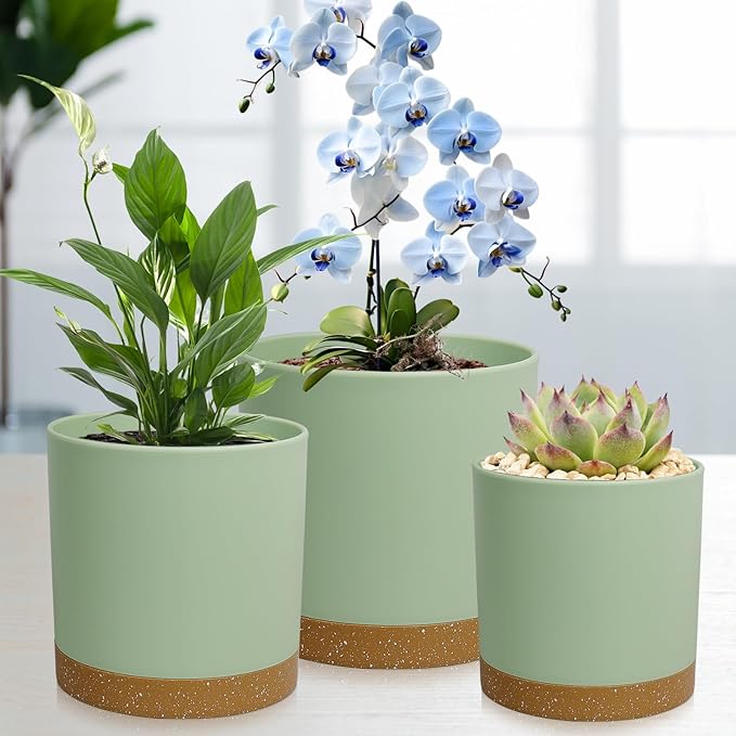 WSMKSZ 5 Pack Cylindrical Flower Pots with 7/6.5/6/5/4 inch, Modern Small Plastic Plant Pots with Drainage Holes & Saucers, Round Planter Pots for Outdoor, Indoor & Office Decor (Green Brown)