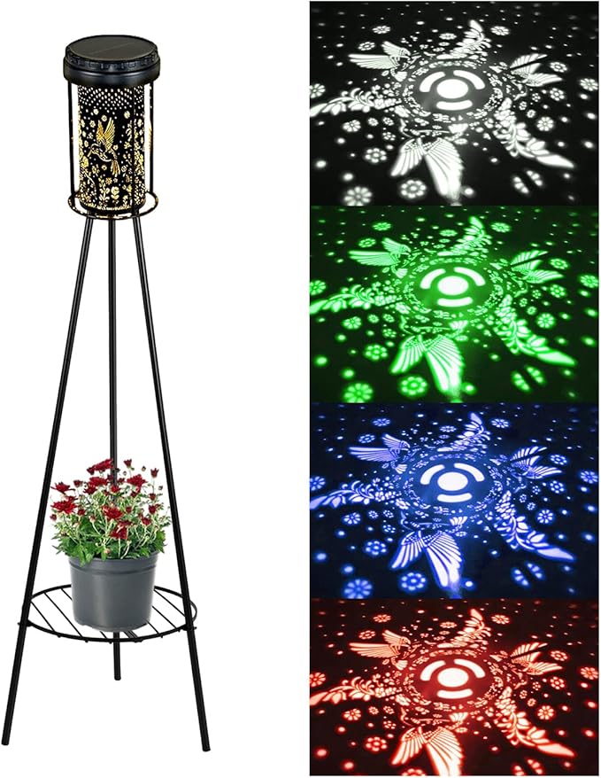 Outdoor Solar Floor Lamps RGB Color-Changing Hummingbird Projection Metal Plant-Stand Garden Light,42.48" Waterproof Decorative Solar Lamp for Patio,Deck,Yard,Porch,Path