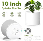 10 Inch Round Plastic Plant Pot with Drainage Holes and Saucer, Wide Flower Pots for Indoor & Outdoor Plants– 7.9" Tall Modern Cylinder Planter Pot for House Plants and Home Decorative, Matte White