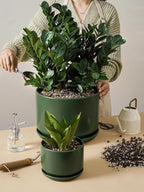 LE TAUCI Ceramic Pots for Plants, Set of 2, 10 + 12 Inch Plant Pot with Drainage Hole and Saucer, Durable & Stylish Planters for Indoor Plants, Elevate Your Home’s Aesthetic, Forest Green