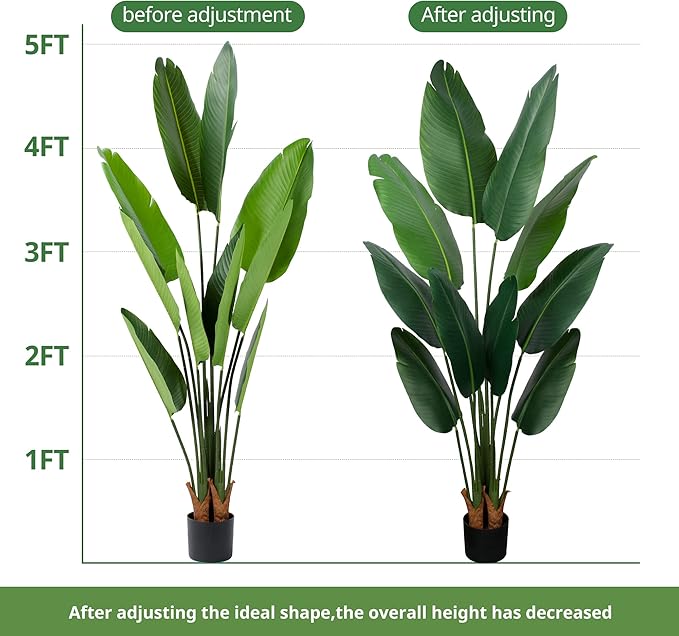 Artificial Bird of Paradise Plant 5 Ft Tall Fake Banana Leaf Plant for Indoors and Outdoors,Faux Palm Tree with Plastic Pot for Office and Home Decor,L160