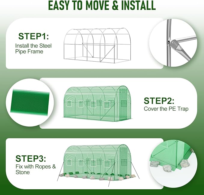 SPECILITE Walk-in Tunnel Greenhouse for Outdoors, 15×7×7 FT Heavy Duty Hoop House Kit with 8 Screen Windows, Thicken PE Cover & Galvanized Frame, Portable Large Green Houses for Outside, Winter, Green