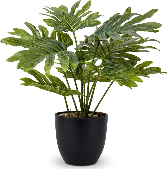 Briful Artificial Monstera Plant in Black Pot, 18" Tall Faux Tropical Greenery Potted Philodendron Plant for Home Office Tabletop Shelf Decoration