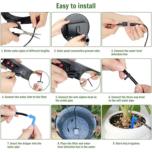 Solar Irrigation System Automatic Drip Irrigation Kit for Outdoor/Indoor Garden Watering System with Water Level Detection,Drip Irrigation System for 15 Potted Plant with 15m Water Hose
