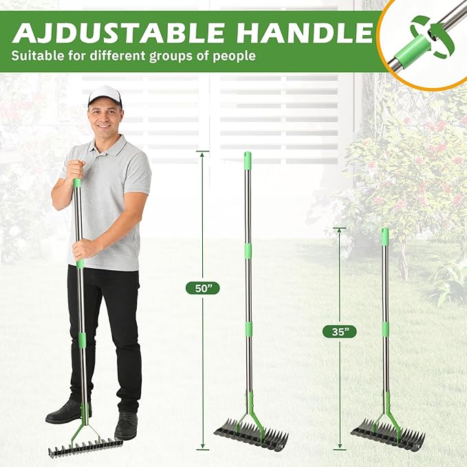 Dual-Action Dethatcher Rake - 21-Tine, Adjustable Long-Handle Landscaping Rake with 55", Heavy Duty Thatch Rake,Turf Rake for Artificial Grass, Metal Rake for Spring Lawn Care, Soil Aeration
