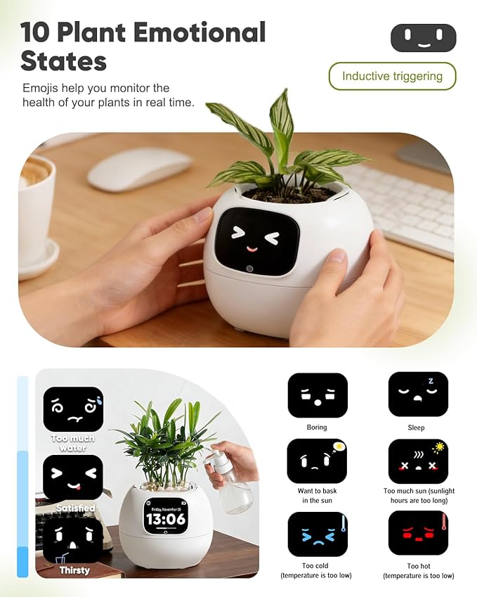 Smart Flower Pot, Smart Pet Planter Robot Guidance on Plant Care with Emoticons, Adorable Plant Companion with Alarm Clock, Living Room Desk Setup Gift