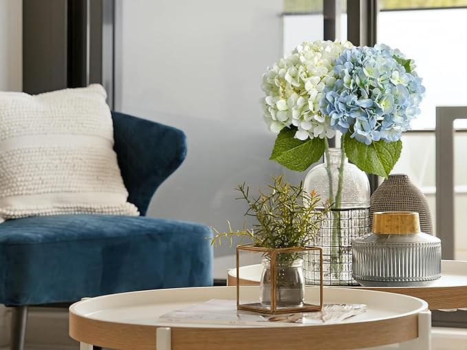 ZYTUYO 2PCS White & 2PCS 20" Light Blue Hydrangea Artificial Flowers Real Touch Faux Hydrangeas with Long Stem for Spring Home Decor Baby Shower Floral Arrangement Kitchen Party Wedding Xmas Decor