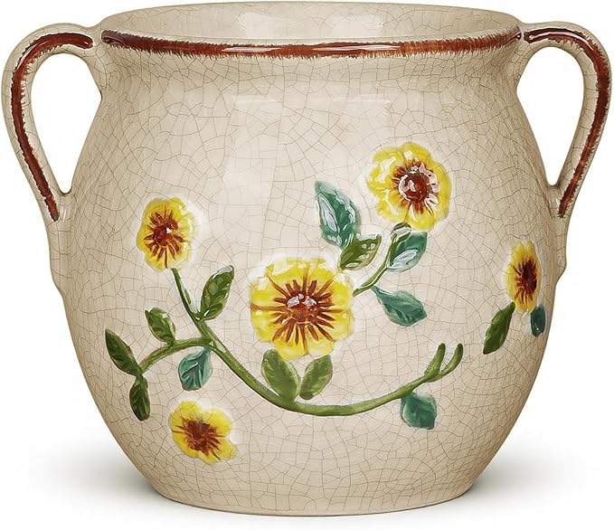 BUYMAX 6 Inch Vintage Ceramic Flower Pot with Relief Design & Handles, Indoor Plant Planter with Drainage Hole, Home Garden Decor for Living Room, Gift Ideas