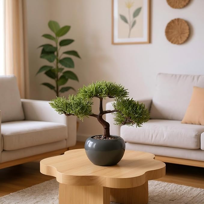 9.5 Inch Artificial Bonsai Tree with Ceramic Pot - Decorative Fake Plant for Home Office Living Room Window Sill, Fake Plants for Year-Round Decoration（Gray）