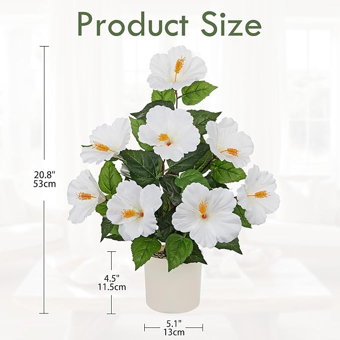 Briful Artificial Hibiscus Potted Plant 20.8” Tall, Realistic Silk Hibiscus Flowers Farmhouse Table Decor, Faux Tropical Flower Plant in Pot for Living Room Table, Entryway, Office, Home Decor, White