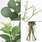 Briful Artificial Eucalyptus Stems with Baby Breath Flowers in Glass Vase with Faux Water, 14" Fake Plant Eucalyptus Leaves for Home Farmhouse Wedding Centerpiece Bathroom Décor