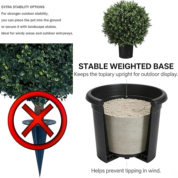 26" H x 18" W Artificial Boxwood Topiary Ball – Realistic UV-Resistant Artificial Shrub with Weighted Pot, Set of 2 – Indoor/Outdoor Year-Round Green Décor for Porch, Garden, Patio