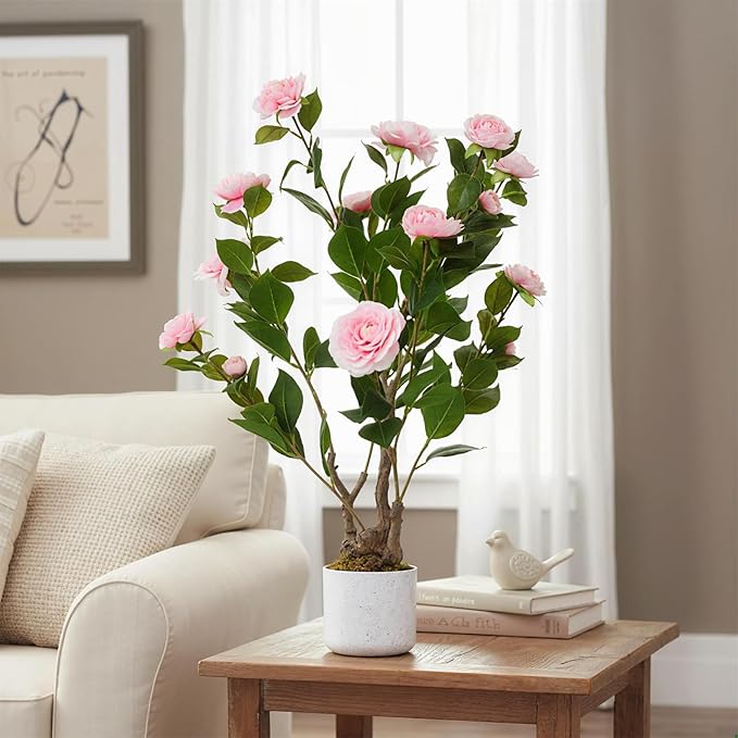 2.5FT Artificial Camellia Tree, Faux Camellia Plant with White Planter and 16 Pink Flowers, 30" Fake Potted Flower Trees for Home and Office Decor, Pink