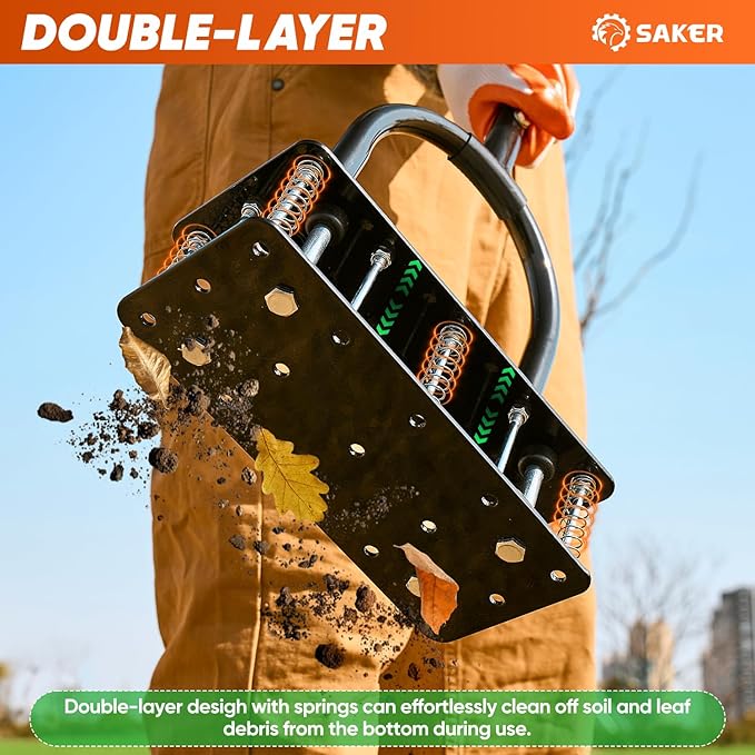 Saker Manual Lawn Aerator Tool, with 15 Iron Spikes Adjustable Height, Double-Layer Spring, Heavy-Duty Iron Lawn Aerator Tool with Gloves for Loosening Soil Aerating Patio, Yard, Garden Orange