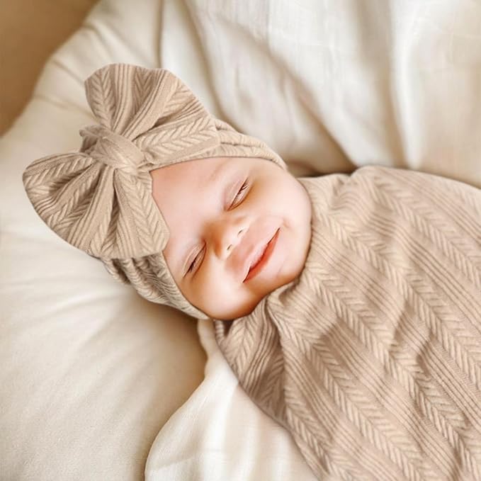 BQUBO Baby Turban Hats and Mittens Set Newborn Infant Hospital Hats Caps with Bows for Baby Boys Girls 0-12 Months