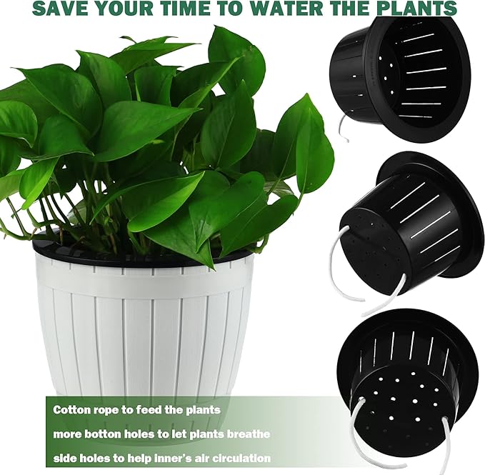 Planterhoma 3 Pack Self Watering Pots for Indoor Plants, 7.1 Inch Plastic Plant Pots, White