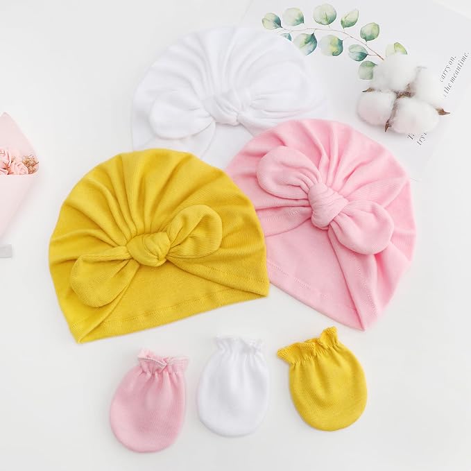 BQUBO Baby Turban Hats and Mittens Set Newborn Infant Hospital Hats Caps with Bows for Baby Boys Girls 0-12 Months