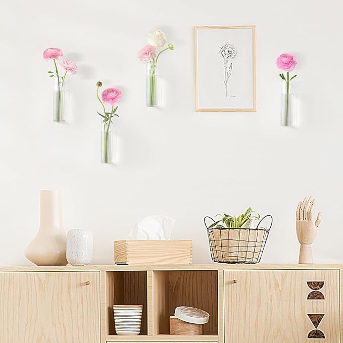 Mkono Propagation Station Wall Planter Hanging Glass Tubes Flower Vase for Hydroponics Plants, Bathroom, Home Office Living Room Decor Gift, Cylinder Set of 4