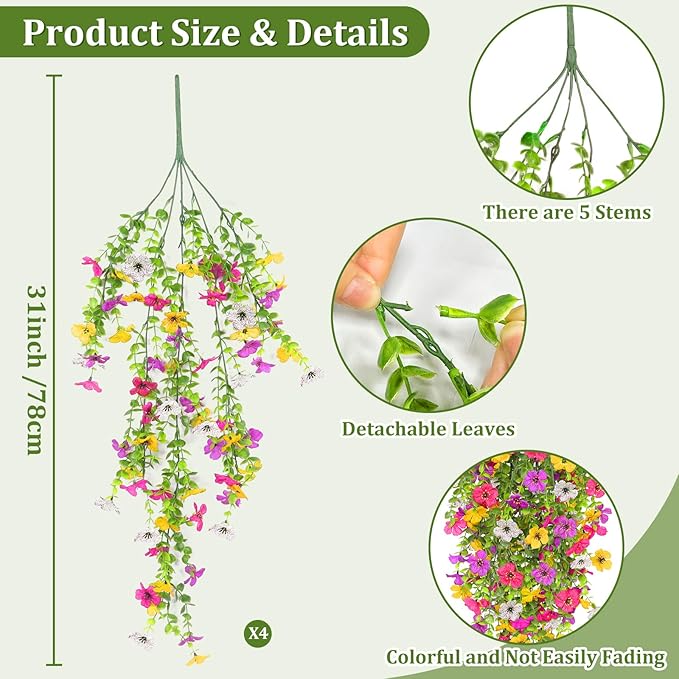 TURNMEON 4 Pcs Artificial Flowers for Outdoors Spring Summer Decor, UV Resistant No Fade Fake Hanging Flowers Plants Faux Plastic Realistic Silk Flower for Gardens Porch Planter Patio Yard Home Indoor