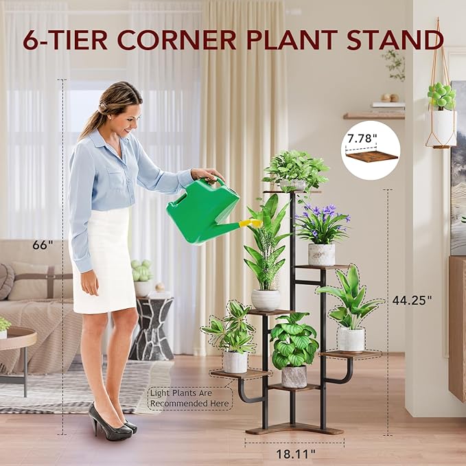 Homsorout Corner Plant Stand with Grow Light - 6 Tier Plant Stand Indoor Square Metal Plant Shelf with Adjustable Light, Plant Organizer for Living Room, Graden, Home Decor (Brown)