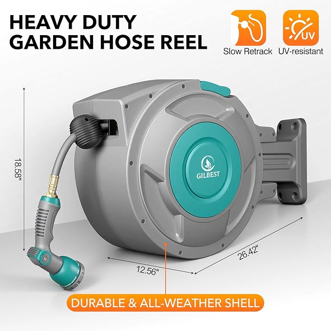 5/8" x 100 ft Retractable Garden Hose Reel, Heavy Duty Water Hose Reel Wall Mounted, Any Length Lock, 180°Swivel, Water Hose with 10-Function Nozzle for Cleaning, Watering (Green)