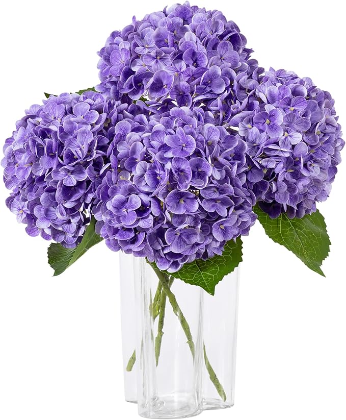 DuHouse 3Pcs Hydrangea Artificial Flowers,Latex Real Touch Hydrangeas with Long Stems & Leaves for Home Decor Party Floral Arrangements Wedding Bouquets Centerpieces(Purple)