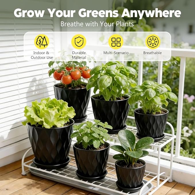 Plant Pots, Self Watering Planters with Drainage Holes and Trays, Flower Pots for Indoor Outdoor - 6 Pack(4/5/6/6.5/7/8 Inch) (Black)