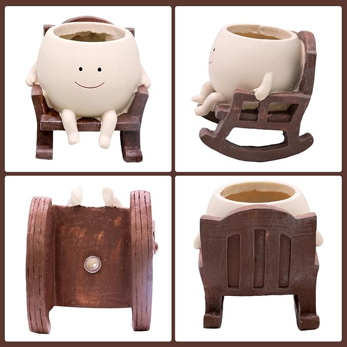 Smile Face Rocking Chair Planter Pot for Indoor Outdoor Plants, Unique Sit Rocking Chair Succulent Flower Pots, Cute Head Planters with Drainage Hole - Gift IdeaI for Mother and Grandma