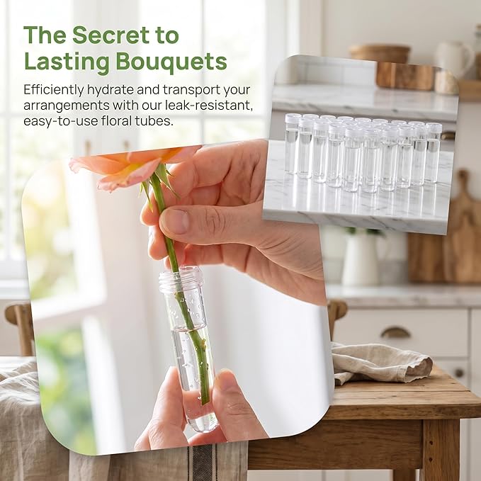 20Pcs Flower Water Tubes, 4cm Long Plastic Floral Hydration Vials with Caps, Clear Water Storage for Fresh Flower Preservation, Cut Flower Hydration for Bouquets Arrangements DIY