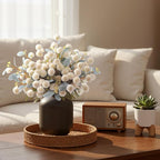 Alupssuc 16PCS Faux Silk Pompon Mums Artificial Flowers with Eucalyptus, Fake Chrysanthemum Floral for DIY Vase Arrangement, Long Stem Dining Table Centerpiece Home Decor, White