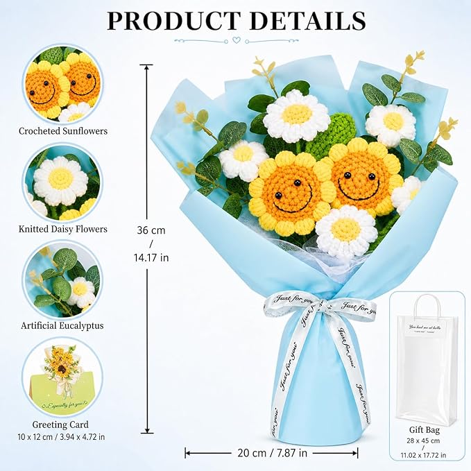 Crochet Flower Bouquet Handmade Knitted Sunflower Artificial Bouquet Positive Crocheted Sunflowers Bouquet with Exquisite Wrap for Valentine Mother's Day Graduation Anniversary（Blue）