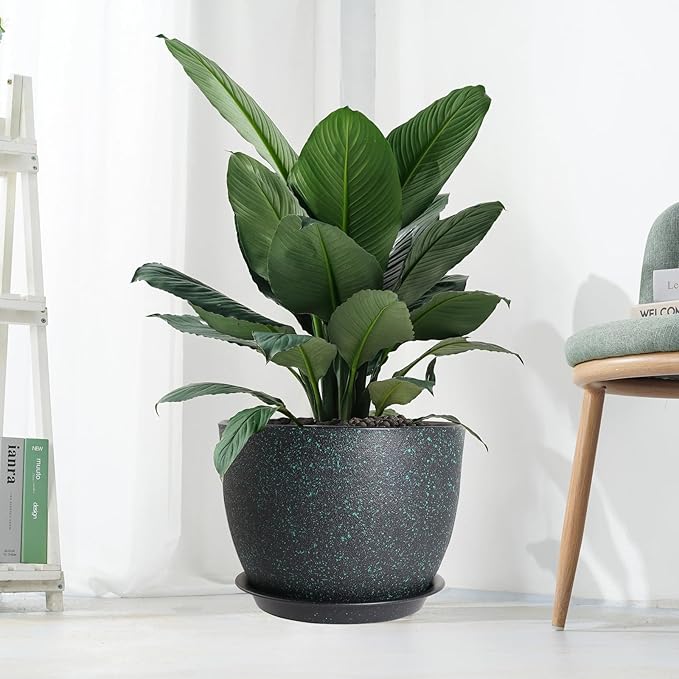 UOUZ 12inch Large Plant Pot, Modern Plastic Planter with High Driange Holes and Saucer for Indoor Outdoor Garden Plants and Flowers, Black with Green Speckles