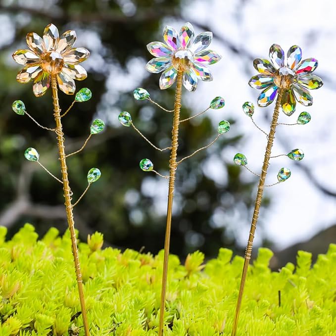 Set of 3 Crystal Sunflower Stakes Suncatchers with 13.4'' Gold Trellis Metal Plant Stake for Indoor Outdoor Garden Potted Plants Decorations Plant Lover Gift (Multicolor)