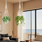 LEWESU Macrame Plant Hanger Indoor Set of 2 with 4 Hooks, Indoor Outdoor Hanging Planter for Plants Holder with Decorative Wood Beads & No Tassels, Boho Home Decor, 35 Inch Ivory (Pots Not Included)