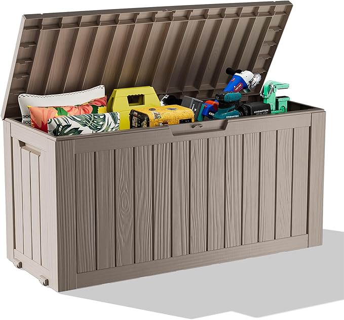 PatioZen 75 Gallon Resin Deck Box, Lockable Patio Outdoor Storage Box for Furniture, Garden Tools and Tools Storage, Waterproof Outside Storage Boxes - Grey