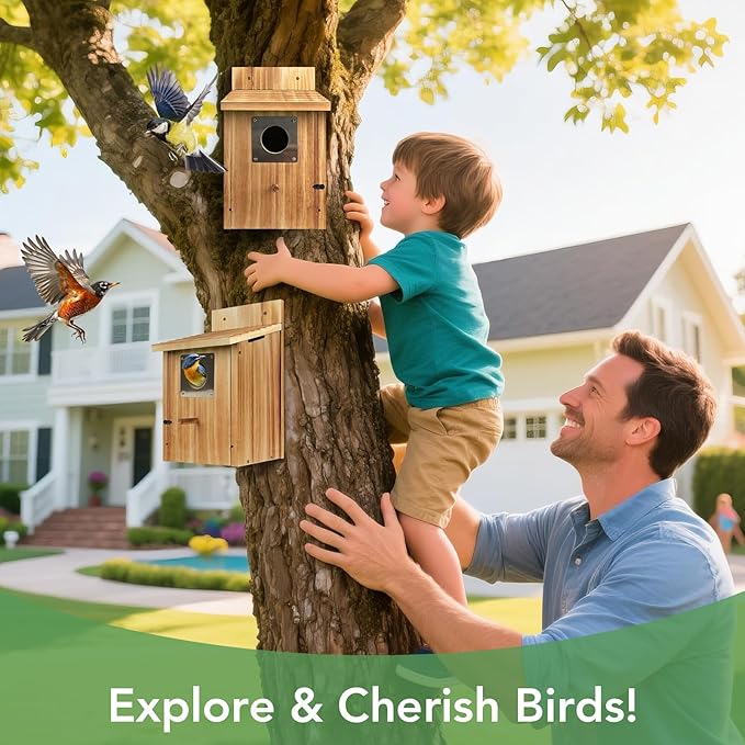 2 Pack Bird Houses for Outside - Cedar Bluebird Houses with Metal Predator Guard, Birdhouse for Wren Bluebirds Finches Swallows, Carbonized Wooden (Assembly Required)