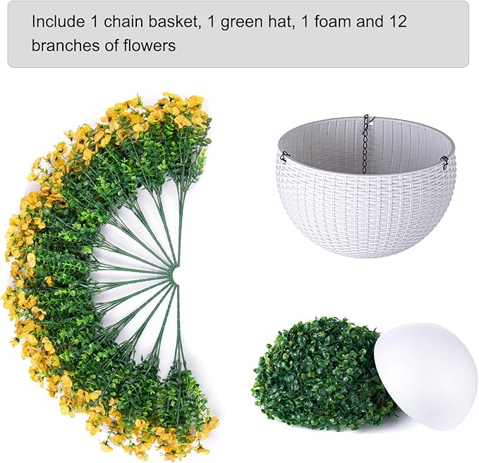 HyeFlora Artificial Faux Fall Hanging Mums Plants Flowers Basket for Outdoor Outside, Autumn Fake Silk Yellow Daisy UV Resistant Realistic for Porch Patio Balcony Home Yard Decoration