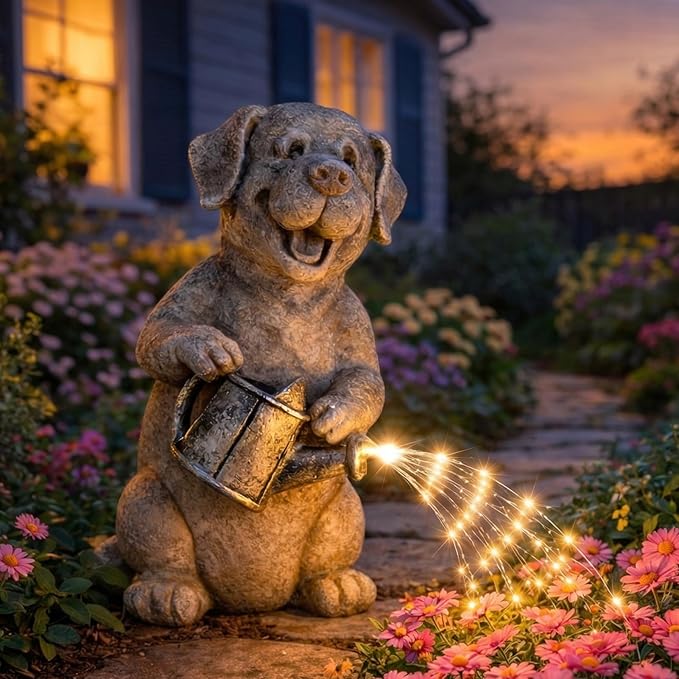 Lavezee Dog Statues Outdoor with String Lights for Garden Decor, Dog Garden Statue for Patio Lawn Porch Walkway Yard Decoration, Ideal Gifts for Dog Lovers Women Mom Grandma