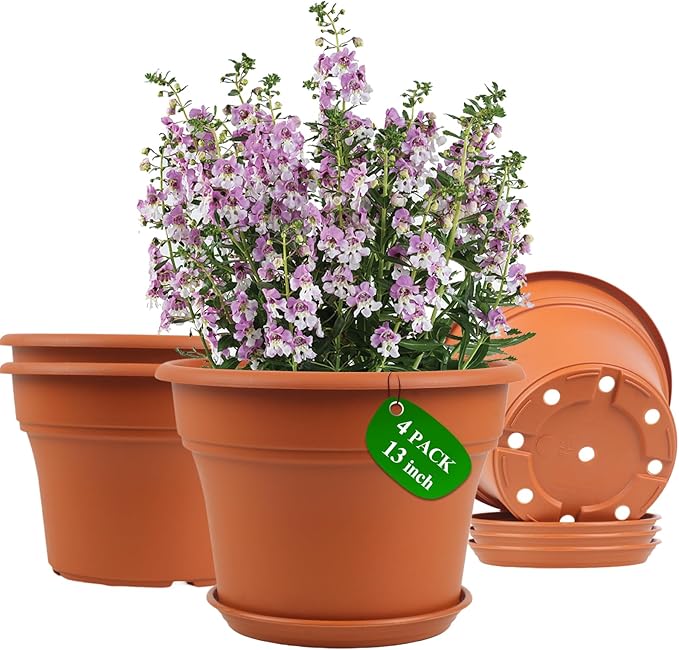 Pottiffe 13 Inch Plastic-Flower-Pot-for-Indoor-Plants, 4 Pack Large Outdoor Planter Pot with Drainage Holes & Saucers, Resin Decorative Garden Pots Planters