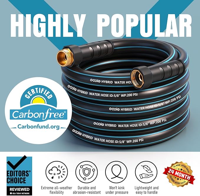 Heavy Duty Garden Hose 50 ft, NON-EXPANDABLE Water Hose with 10 Function Spray Nozzle, Lightweight Kink-less Hybrid Hose with Swivel Handle, Male to Female Fittings