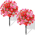 Waipfaru Set of 2 Artificial Boxwood Topiary with Colorful Flowers, 23" UV Resistant Fake Bushes Faux Outdoor Plants, Artificial Shrubs with Ground Spike for Outdoor Garden Front Porch(Red, Pink)