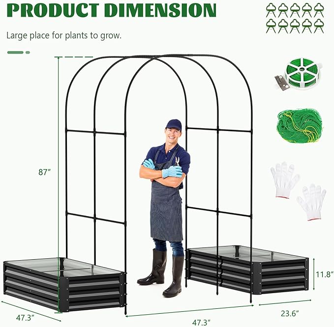 3 in 1 Galvanized Raised Garden Bed with 87" H Arch Trellis for Climbing Plants, Outdoor Gardening Planter Box with Climbing Net for Flower Vegetables Fruits Herbs, Black