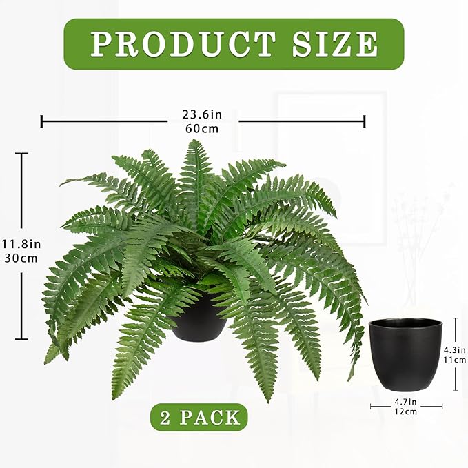 Hollyone 2Pcs Fake Fern Potted Plant Artificial Boston Ferns in Pot 35 Leaves for Outdoors & Indoor Faux Fern Bush Plant 20inch for Patio Garden Farmhouse Windowsill Office Living Room Home Decor