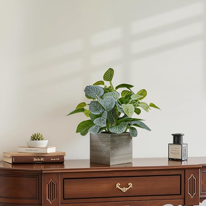 2 Pack 12" Medium Eucalyptus Fake Plants, Artificial Plants Indoor with 4 Inch Wooden Planters, Faux Potted Silk Plants for Home Decor, Desk, Shelves, Desktop, Coffee Table, Bedroom