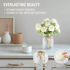 Faux Flowers in Vase, 18 Pcs Fake Rose Flowers, Artificial Flowers for Home Decor, Indoor Centerpiece for Living Room & Dining Table - White