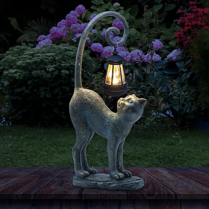 Outdoor Spring Decorations Gifts Cat Garden Statues with Solar Lights, Home Decor Cat Figurines for Lawn,Patio,Balcony,Porch,Yard Art Ornament- Birthday Gifts for Women Grandma Sister