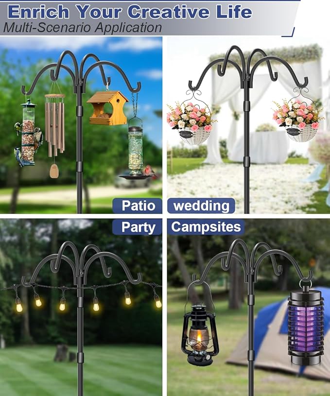 Upgrade 4-Hook Shepherds Hooks for Outdoor with Plastic Tube, 92" Heavy Duty Bird Feeder Pole with 5 Prongs Base, Adjustable Garden Hook for Solar Light, Hanging Plant, Wedding Decor, 1 Pack