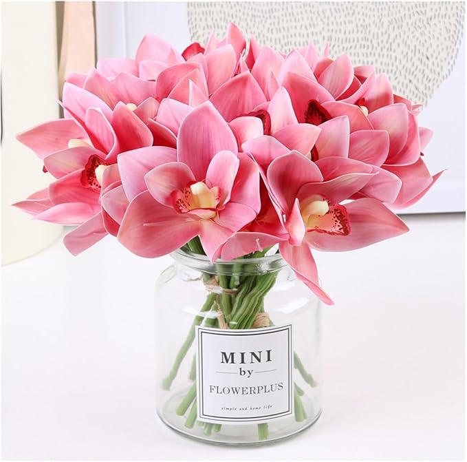 3 Bunches of 18 Tactile cymbidium Orchids Small Bunches of Flowers Hand-Tied Flowers Home Living Room Table Decoration Artificial Flowers Ornaments(Orange)