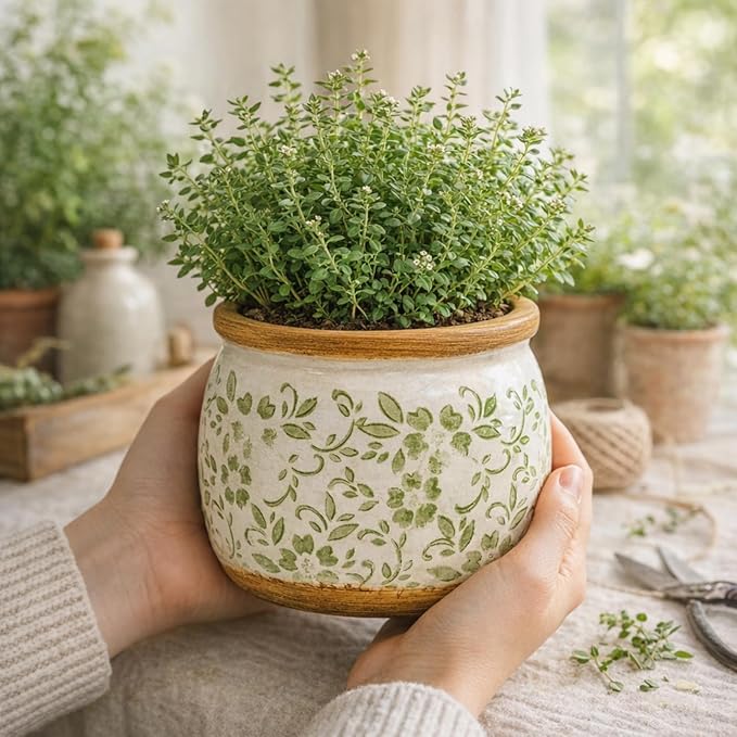 Vintage Ceramic Flower Pot - Indoor Outdoor Planters with Drainage Holes & Filter Screen, 6.5’’ Small Rustic Farmhouse Decorative Plant Pots for Garden/Patio/Balcony (Green Vines, Small)