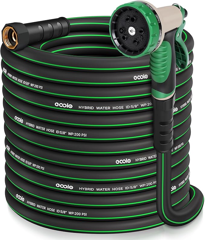 Heavy Duty Garden Hose 100 ft, NON-EXPANDABLE Water Hose with 10 Function Spray Nozzle, Lightweight Kink-less Hybrid Hose with Swivel Handle, Male to Female Fittings